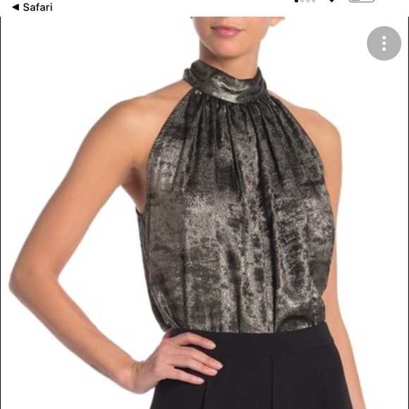 BCBG Maxazria NYE Party Gold Lame Metallic Halter High Neck Top Shirt Blouse M - Picture 1 of 7